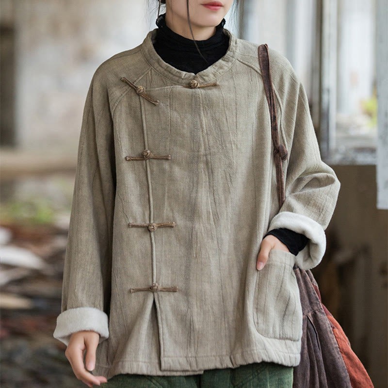 Solid Color Frog-button Thermal Long Sleeve Ramie Linen Women's Shirt