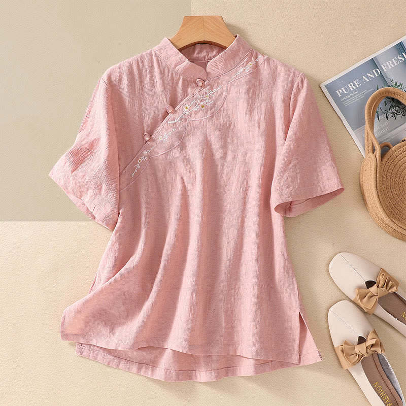 Plum Blossom Embroidery Frog-Button Short Sleeve Cotton Linen Shirt