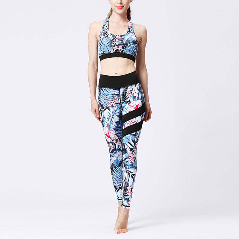 2Pcs Sunflower Flowers Leaves Print Top Pants Sports Fitness Yoga Women's Yoga Sets