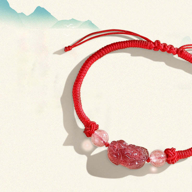 Handmade Natural Silver Sheen Obsidian Strawberry Quartz PiXiu Protection Braided Bracelet