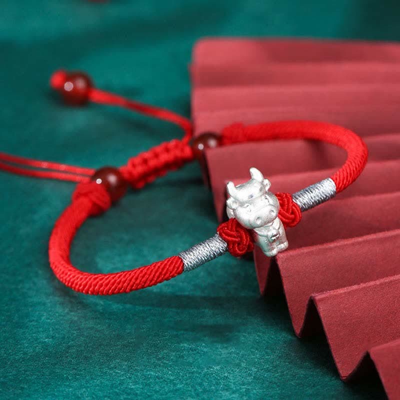 999 Sterling Silver Chinese Zodiac Luck Strength Red String Bracelet