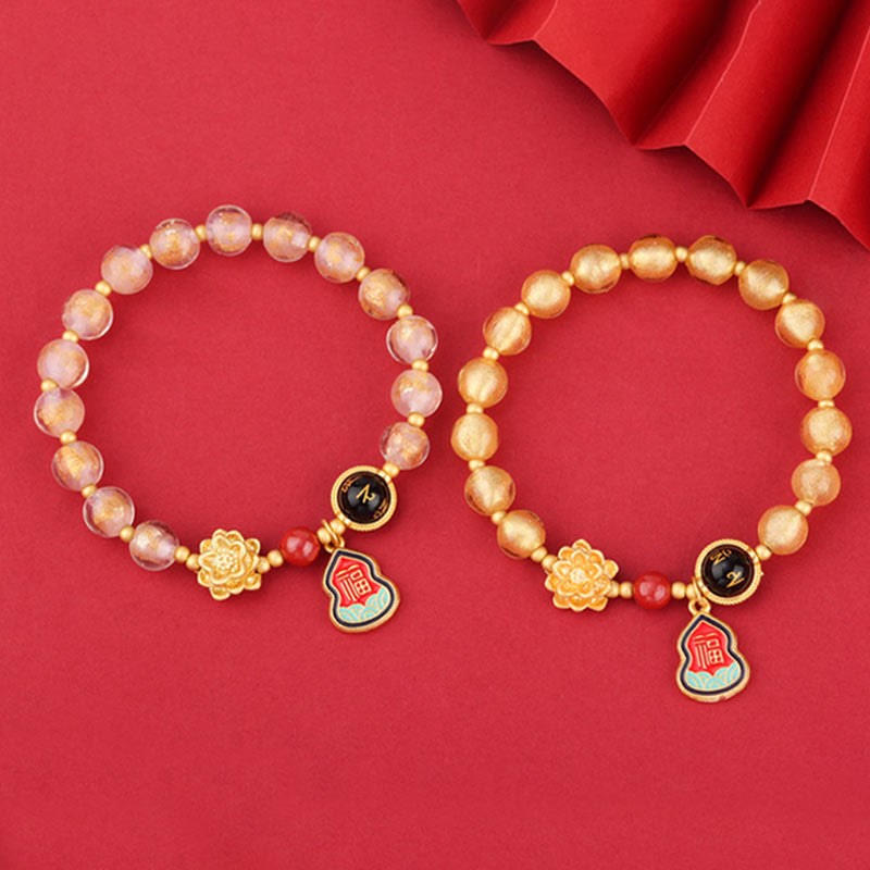 Tibet Om Mani Padme Hum Fu Character Gourd Charm Lotus Liuli Glass Bead Luck Bracelet