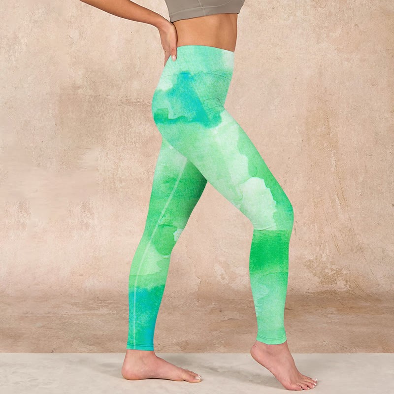 Green Ink Wash Pattern Gym Leggings Women's Yoga Pants