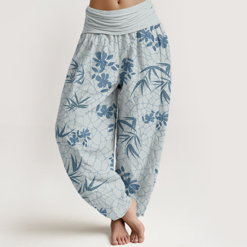 Bamboo Flowers Pattern Women's Elastic Waist Harem Pants