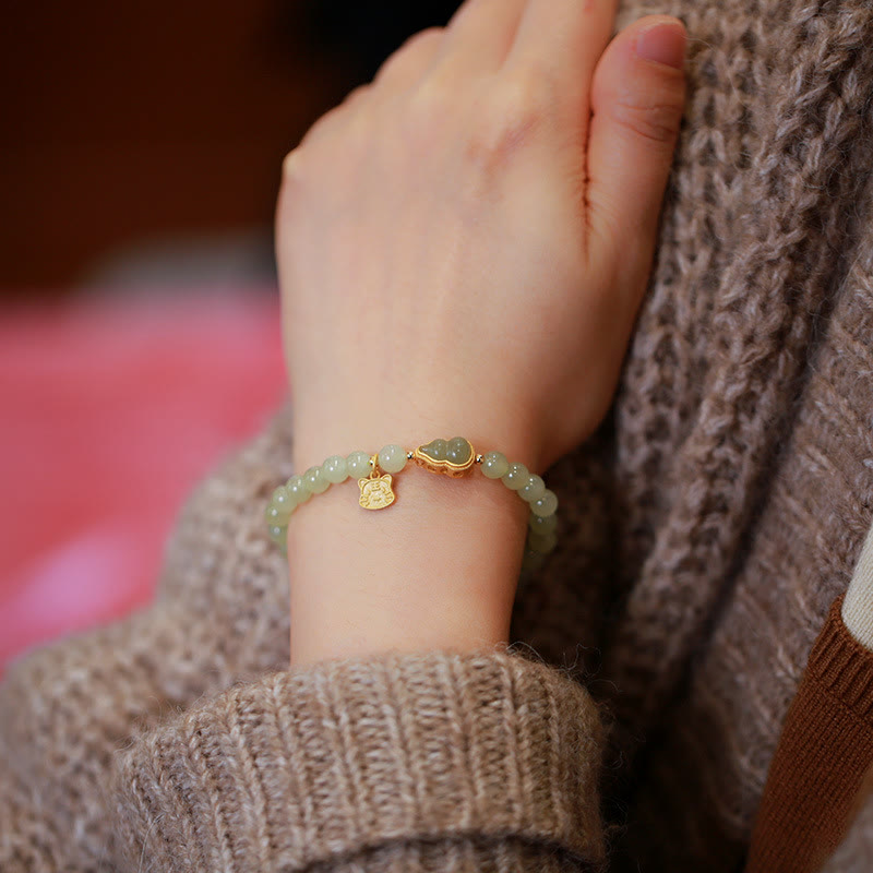 925 Sterling Silver Plated Gold Natural Hetian Jade Bead Gourd Lotus Bamboo Fu Character Luck Bracelet