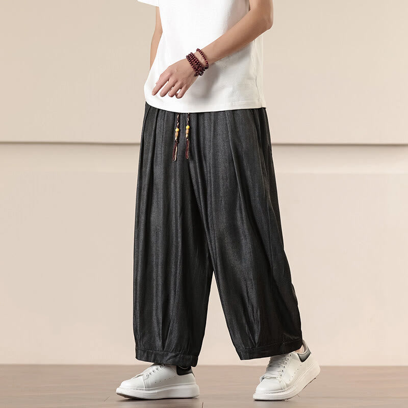 Spring Solid Color Cotton Drawstring Men's Wide Leg Pants With Pockets