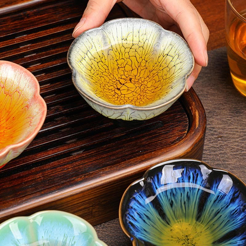 6Pcs Plum Blossom Petal Pattern Chinese Jianzhan Kiln Change Ceramic Teacup Kung Fu Tea Cup Bowl With Gift Box