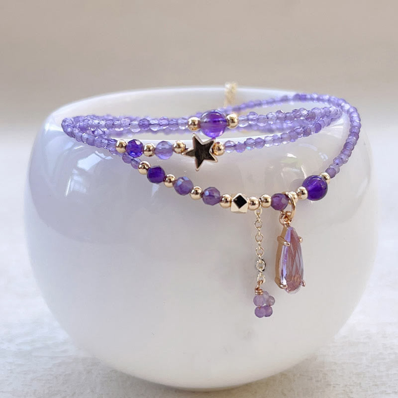 Natural Amethyst Water Drop Star Meditation Triple Wrap Bracelet