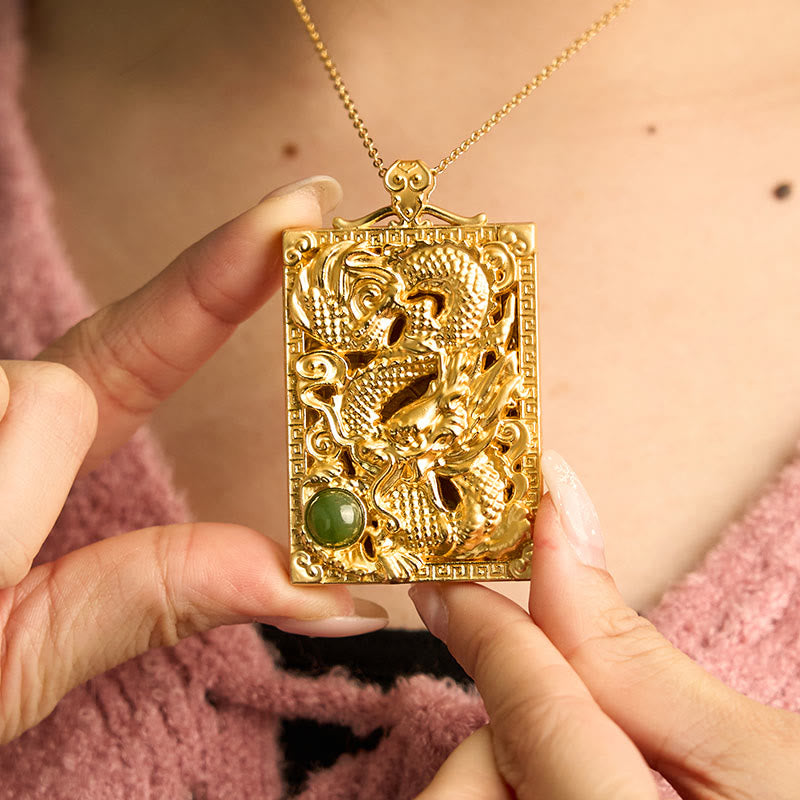 Dragon Gold Plated Copper Hetian Jade Strength Necklace Pendant