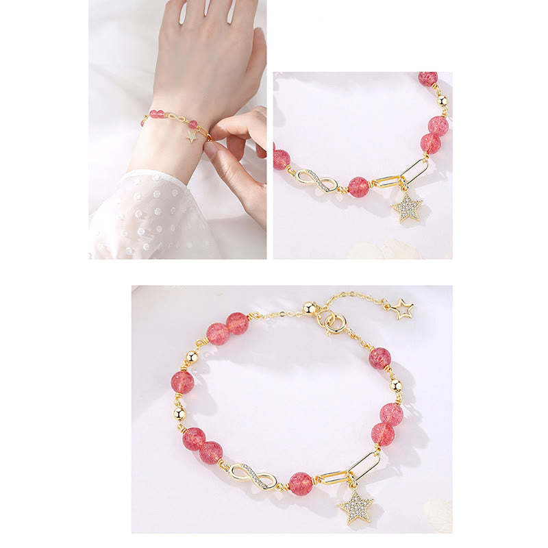 14K Gold Plated Natural Strawberry Quartz Moonstone M?bius Loop Eternal Love Star Positive Bracelet