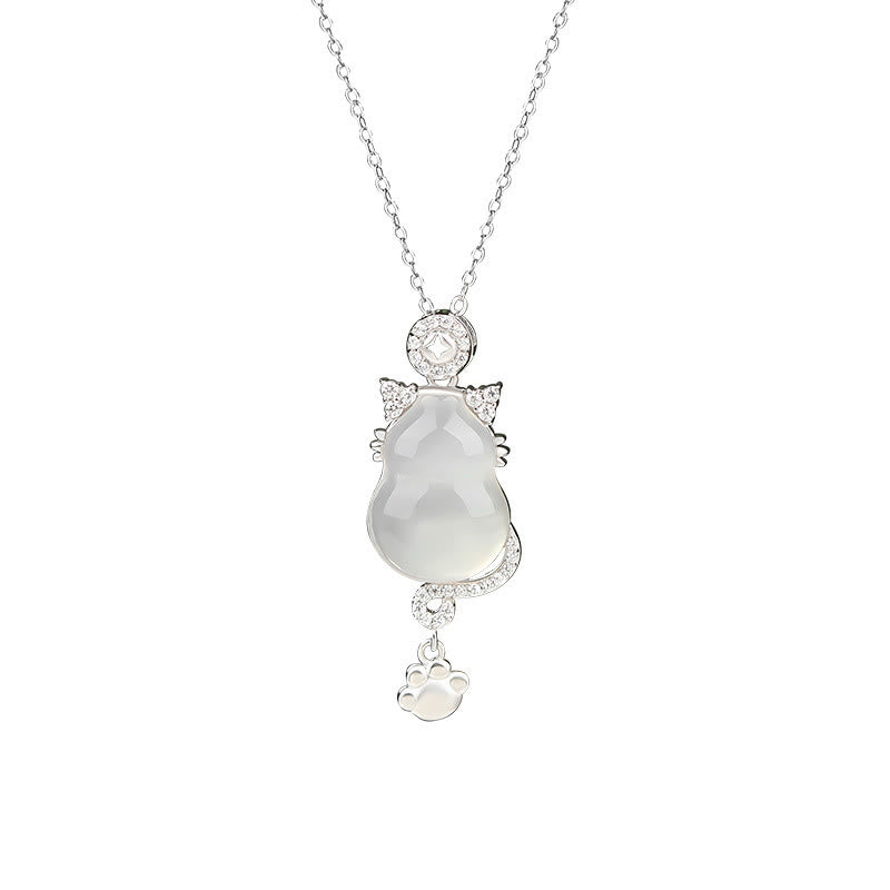 925 Sterling Silver 14k Gold White Jade Gourd Cat Protection Necklace Pendant