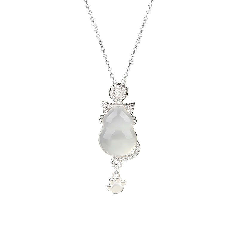 925 Sterling Silver 14k Gold White Jade Gourd Cat Protection Necklace Pendant