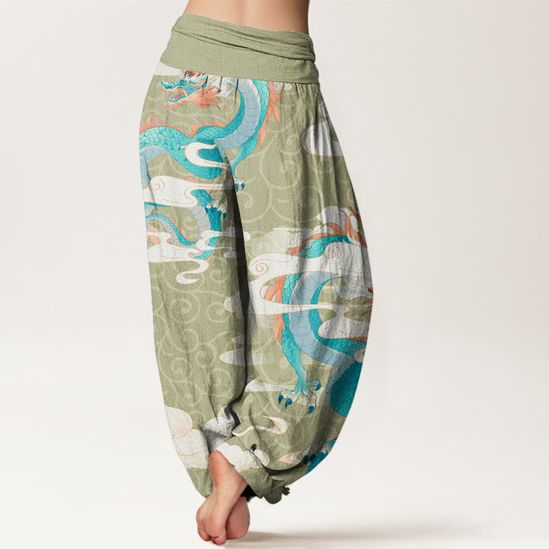 Vibrant Dragon White Auspicious Clouds Women's Elastic Waist Harem Pants