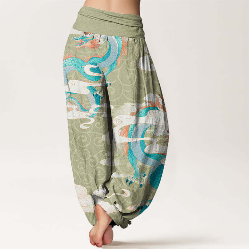 Vibrant Dragon White Auspicious Clouds Women's Elastic Waist Harem Pants