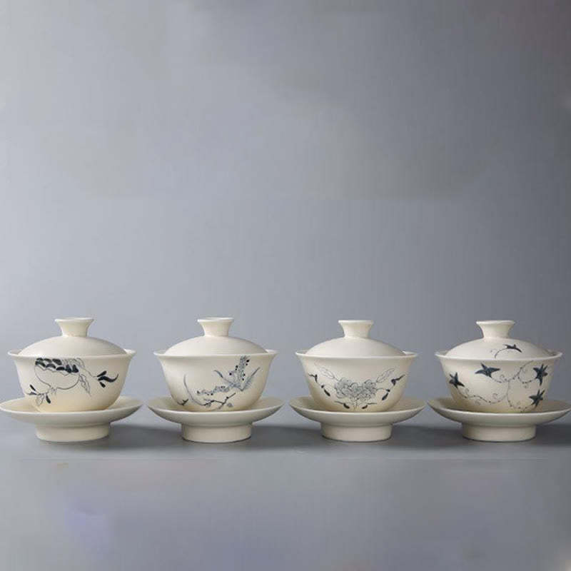 Hand Painted Pomegranate Hibiscus Pine Lotus Ceramic Gaiwan Sancai Teacup Kung Fu Tea Cup And Saucer With Lid