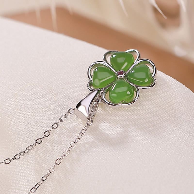 925 Sterling Silver Hetian Cyan Jade Lucky Four Leaf Clover Healing Necklace Pendant