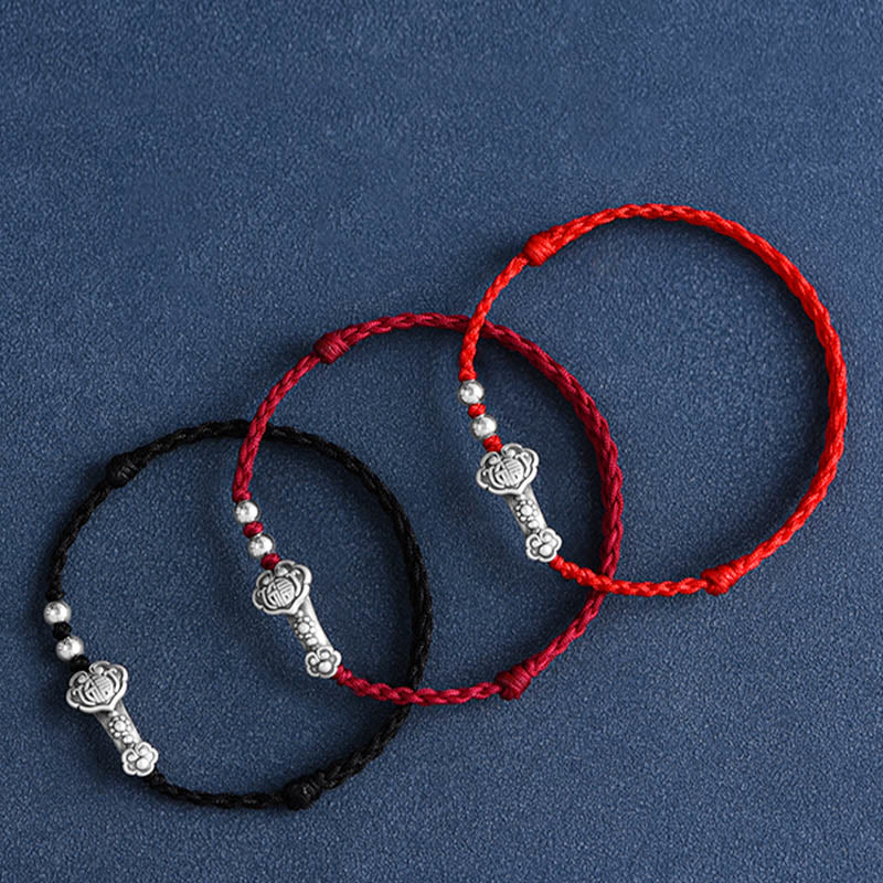 Handmade 999 Sterling Silver Fu Character Wish Ruyi Handle Fortune Rope Bracelet Anklet