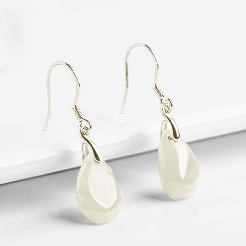 925 Sterling Silver Jade Water Drop Pattern Luck Prosperity Dangle Earrings