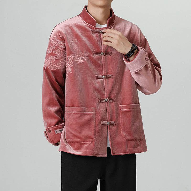 Embroider Dragon Casual Frog-button Cotton Men's Jacket Shirt Clothing