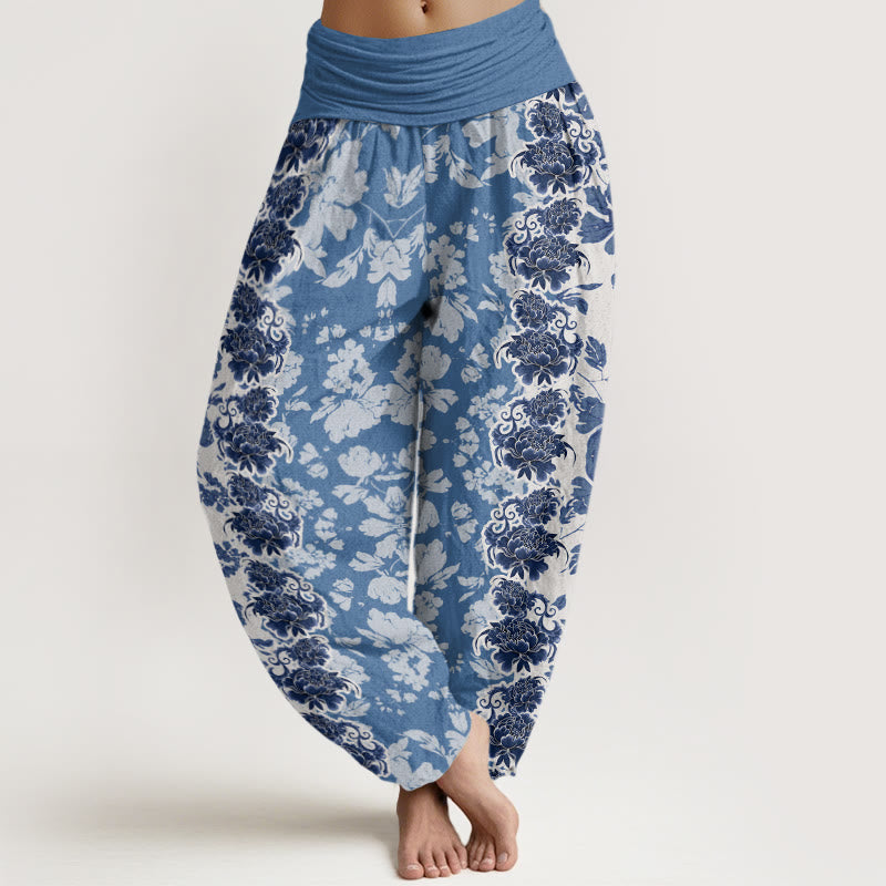 Peony Totem Pattern Women's Elastic Waist Harem Pants
