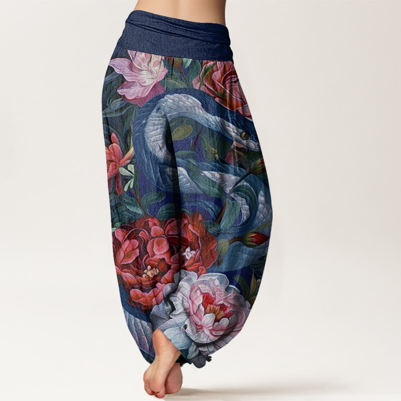 Snake Peony Flowers Leaf Pattern Women's Elastic Waist Harem Pants