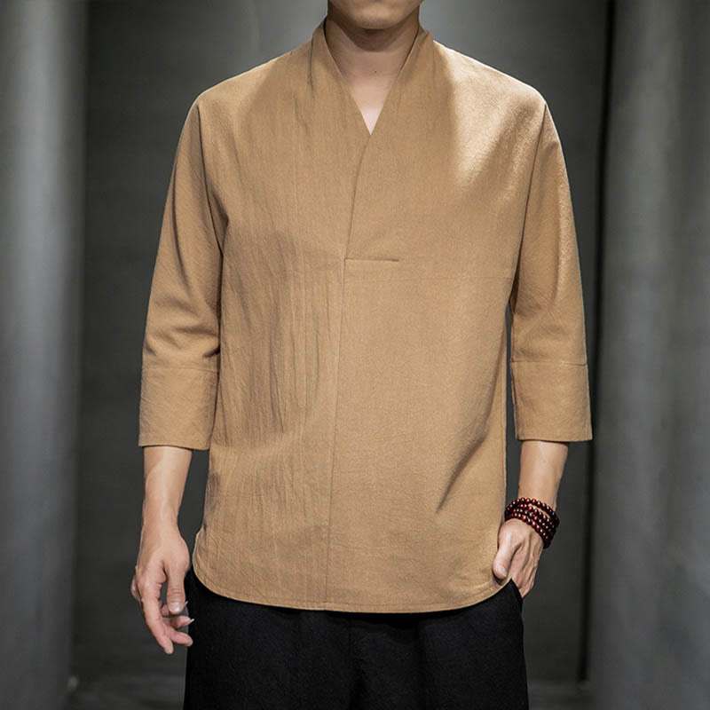 Casual V-Neck Three Quarter Sleeve Shirt Cotton Linen Men Clothing