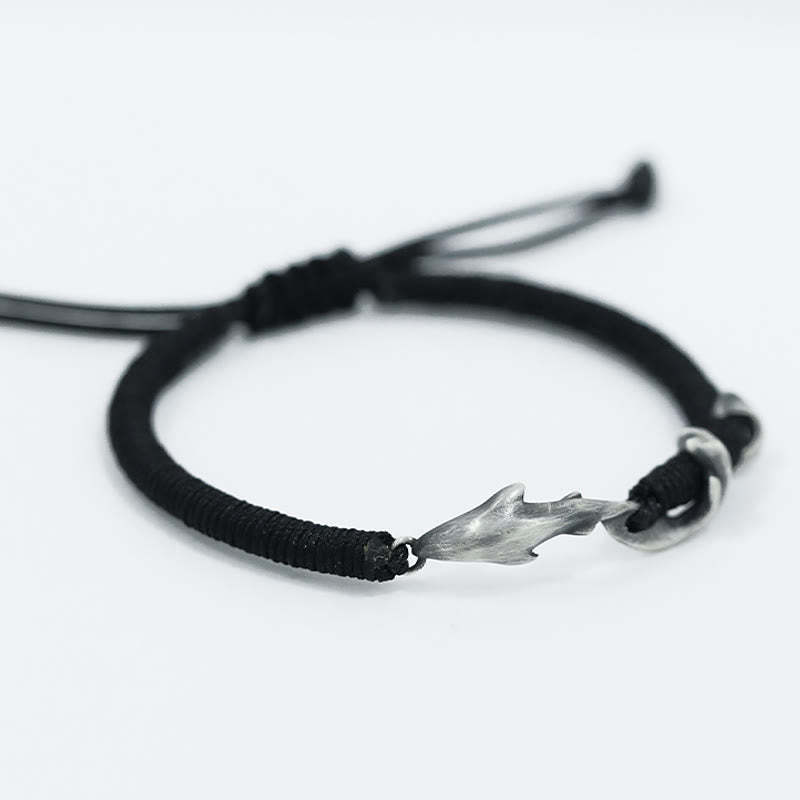 999 Sterling Silver Shark Black Wax Rope Protection Bracelet