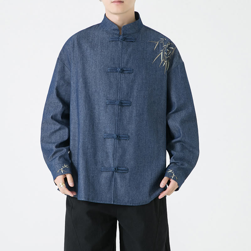 Bamboo Leaves Design Frog-button Tang Suit Cotton Men's Jacket Shirt