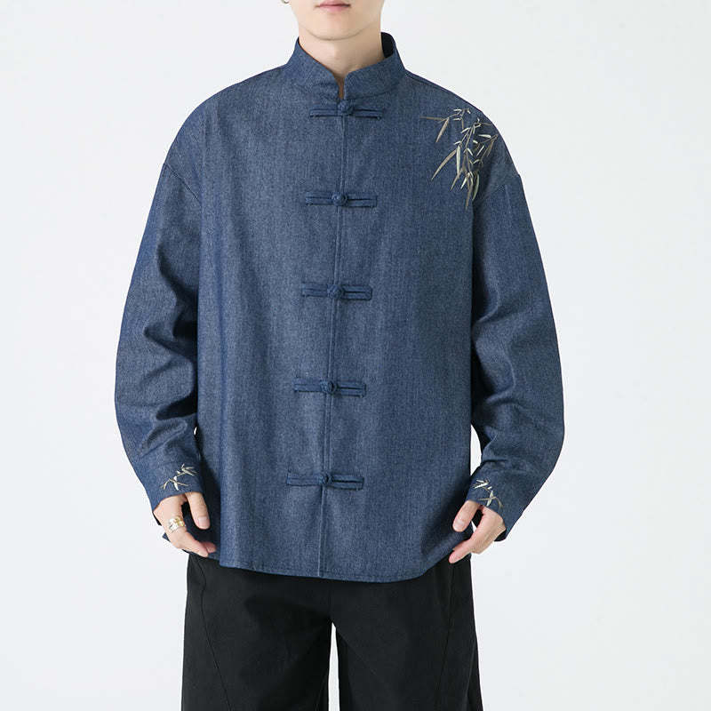 Bamboo Leaves Design Frog-button Tang Suit Cotton Men's Jacket Shirt