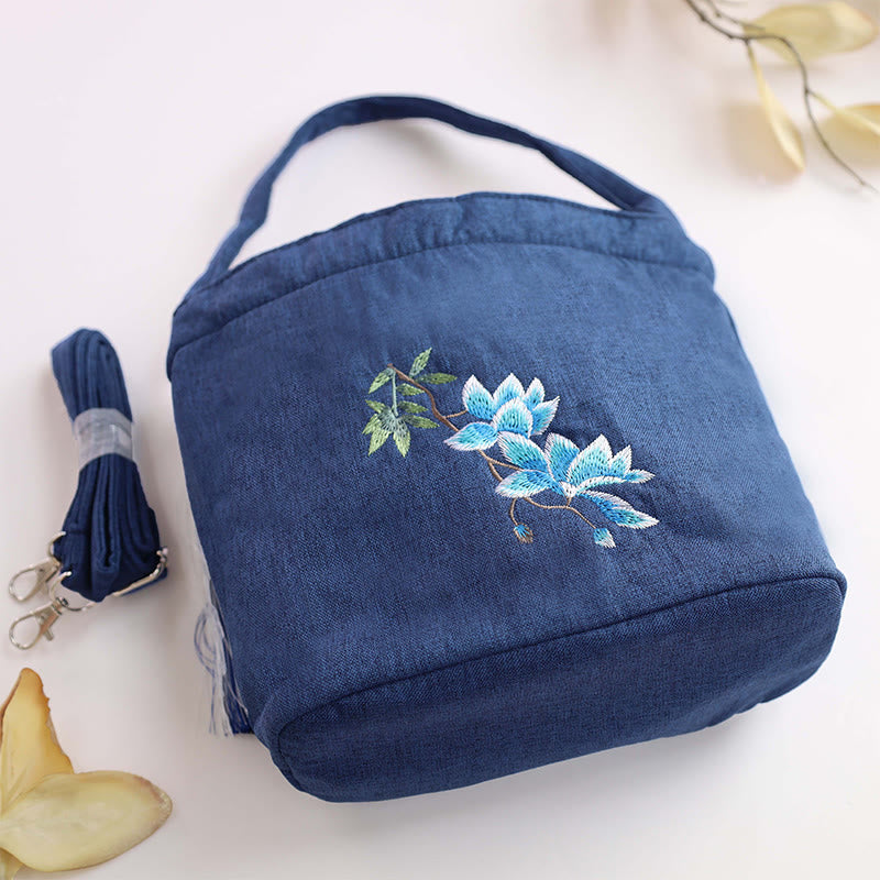 Embroidery Wisteria Plum Lotus Cherry Blossom Cotton Linen Canvas Tote Crossbody Bag Shoulder Bag Handbag