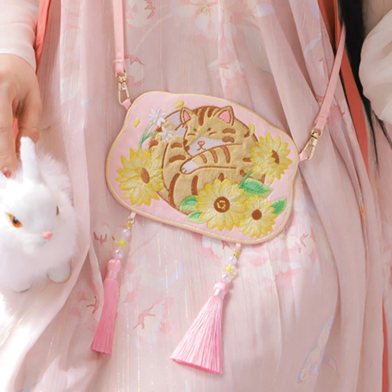 Embroidery Lucky Panda Cat Shiba Inu Deer Rabbit Fox Flower Cute Animal Hanfu Bag Crossbody Bag Shoulder Bag