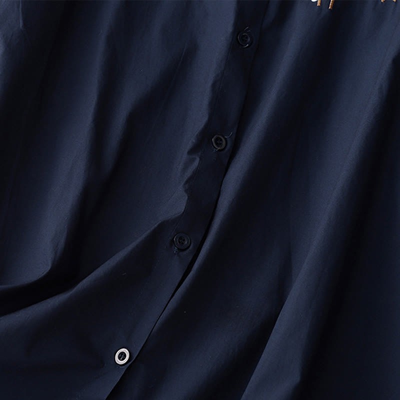 Summer Solid Color Embroidery Plants Flower Three Quarter Sleeve Lapel Button Cotton Women's Shirt