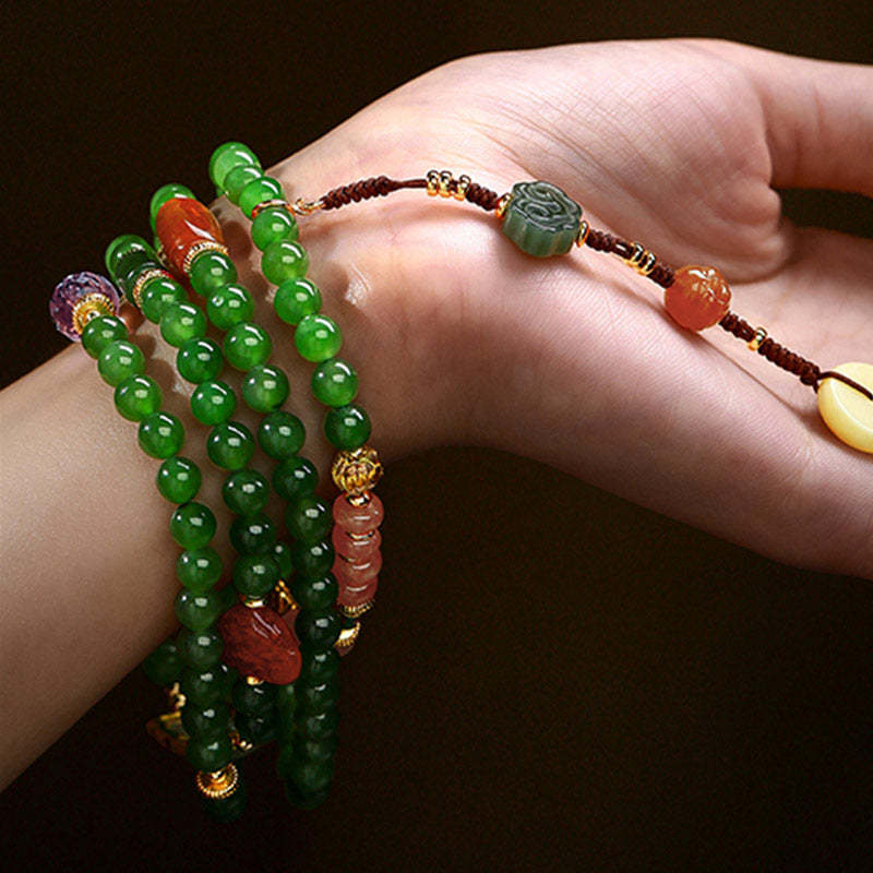 108 Mala Beads Cyan Jade Red Agate Laughing mystic zen Luck Bracelet