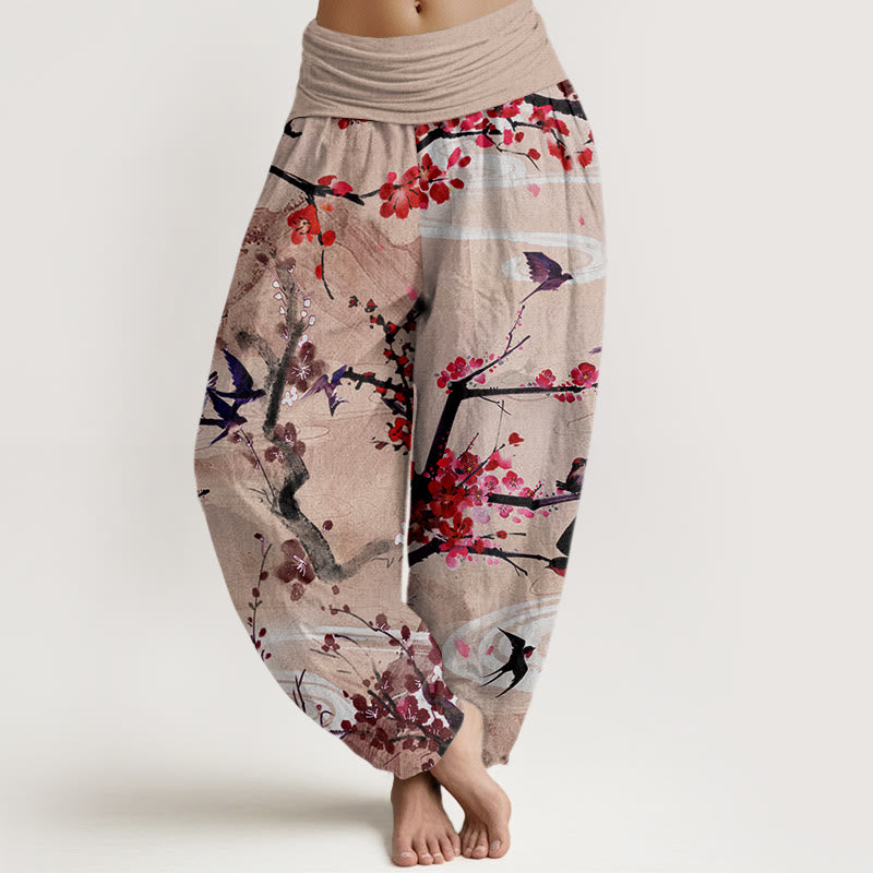 Casual Plum Blossom Bird Mountain Pattern Women's Elastic Waist Harem Pants