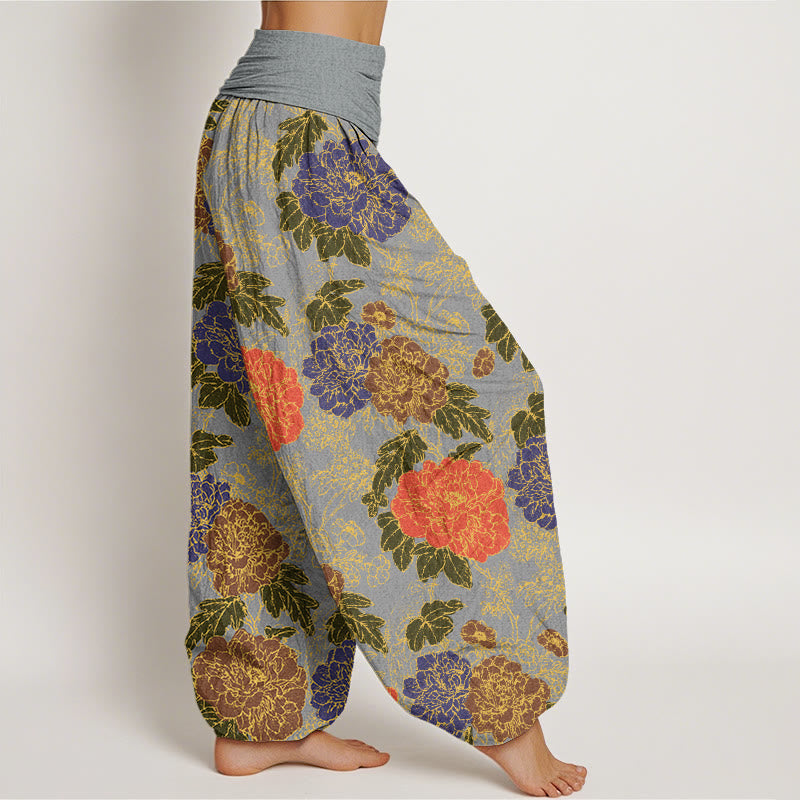 Peony Flowers Leaves Design Women's Elastic Waist Harem Pants