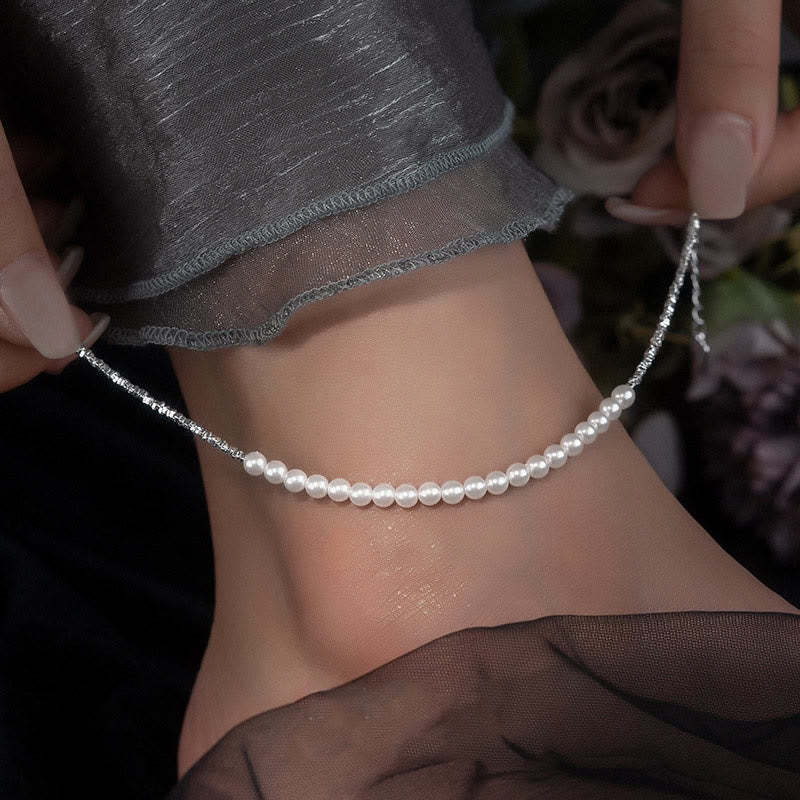 925 Sterling Silver Pearl Beads Protection Anklet