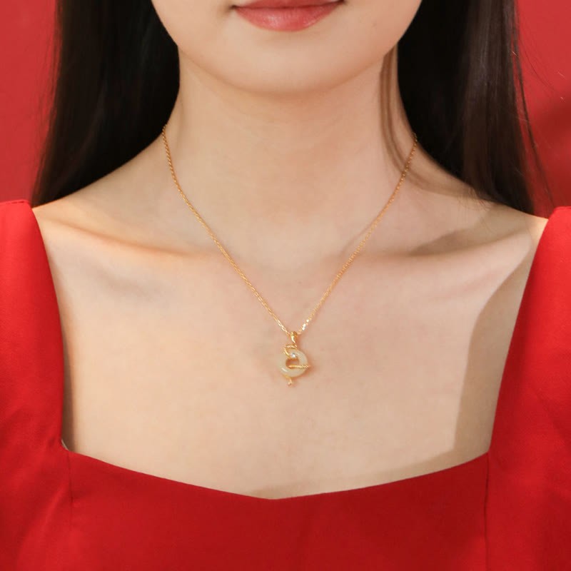 Natural Hetian Jade 925 Sterling Silver Year Of The Snake Peace Buckle Luck Necklace Pendant
