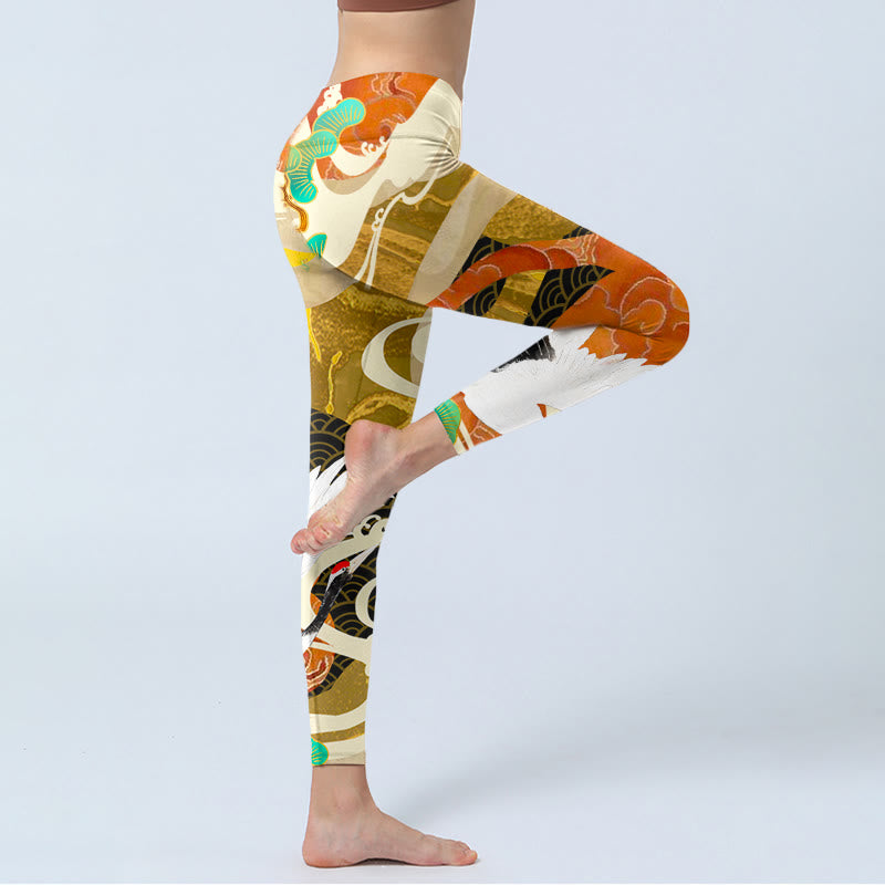 Red-crowned Crane Auspicious Clouds Pine Tree Print Gym Leggings Women's Yoga Pants