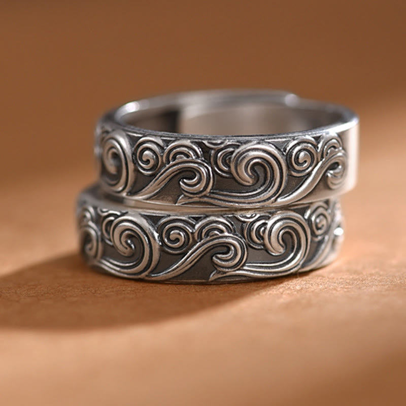999 Sterling Silver Auspicious Clouds Engraved Blessing Adjustable Ring