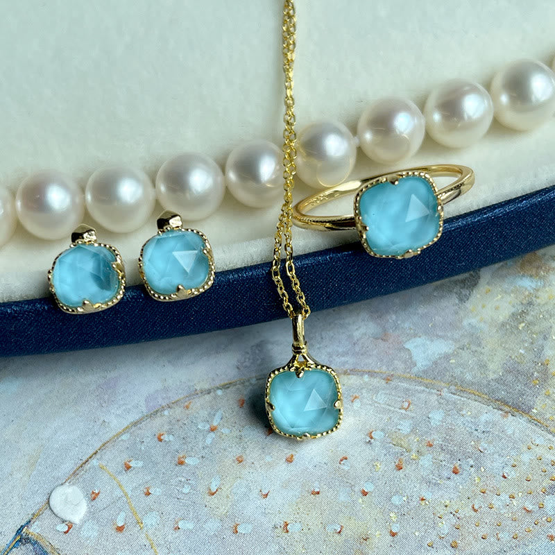 925 Sterling Silver Plated Gold Turquoise Protection Ring Earrings Necklace Pendant Set