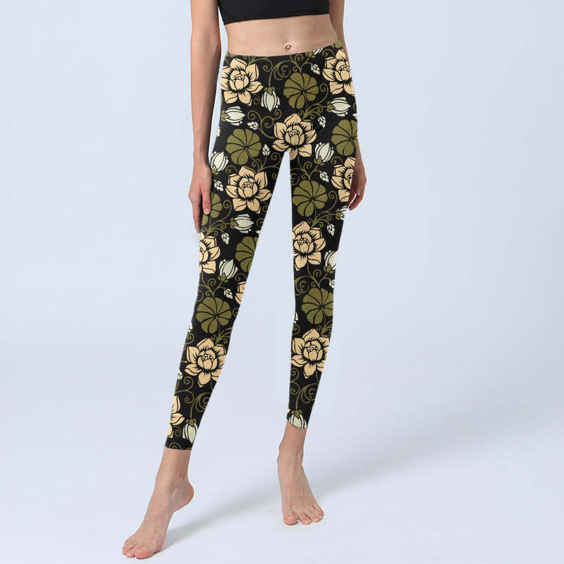 Yellow Flowers Green Leaves Print Gym Fitness Leggings Women's Yoga Pants