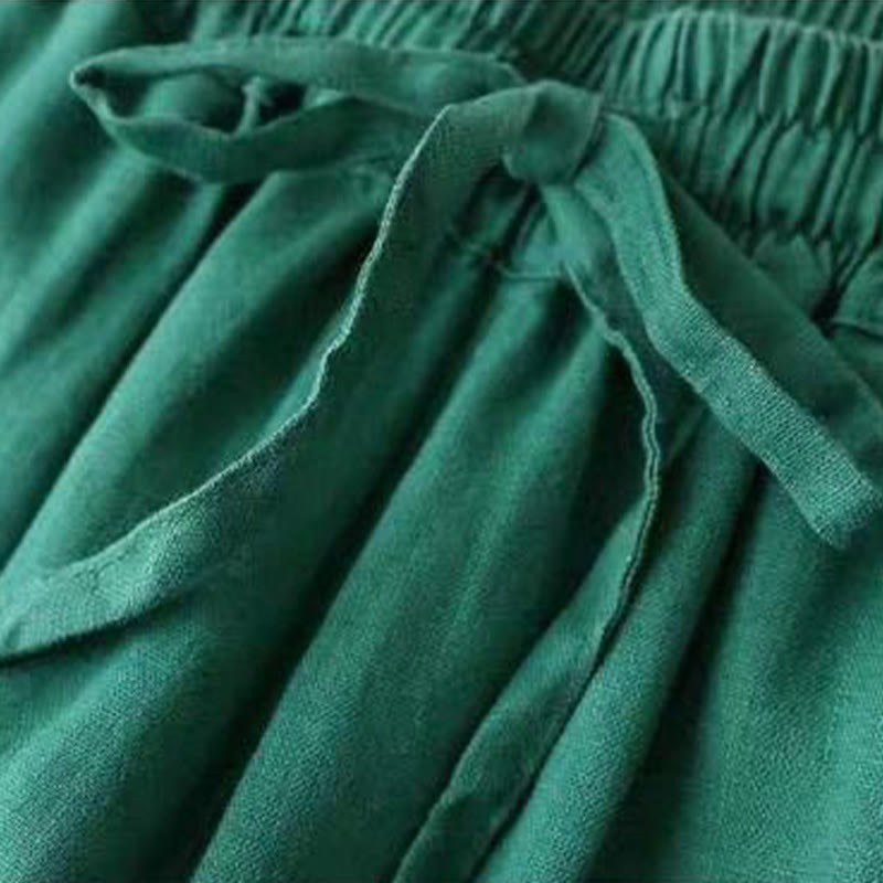 Casual Cotton Linen High Waist Lace-up Wide Leg Pants With Pockets