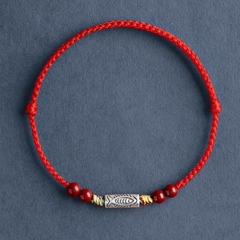925 Sterling Silver Koi Fish Cinnabar Bead Wealth Handcrafted Braided Bracelet Anklet