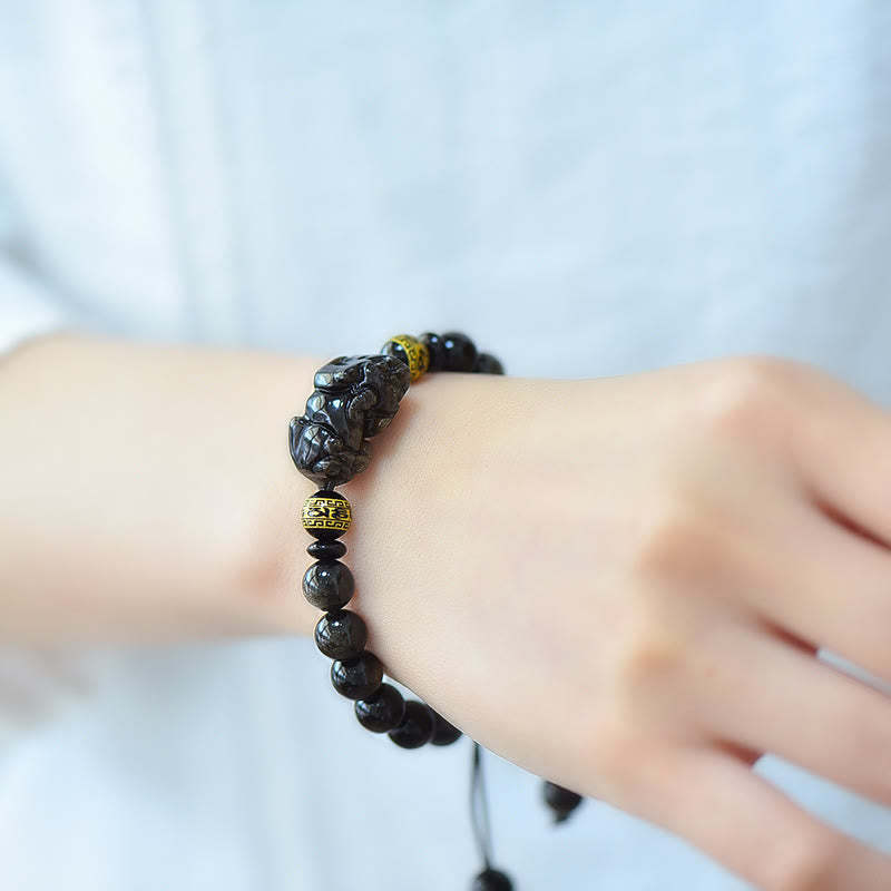 Natural Gold Sheen Obsidian PiXiu Om Mani Padme Hum Wealth Braided Bracelet