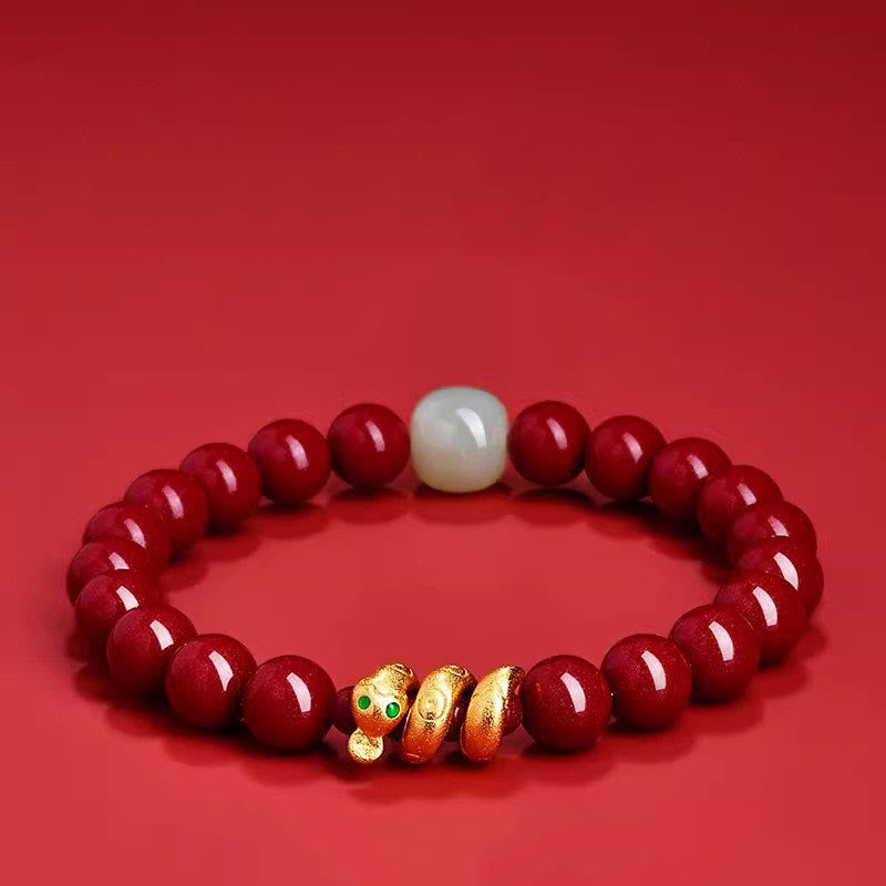 Cinnabar Bead Hetian Jade Year Of The Snake Blessing Bracelet