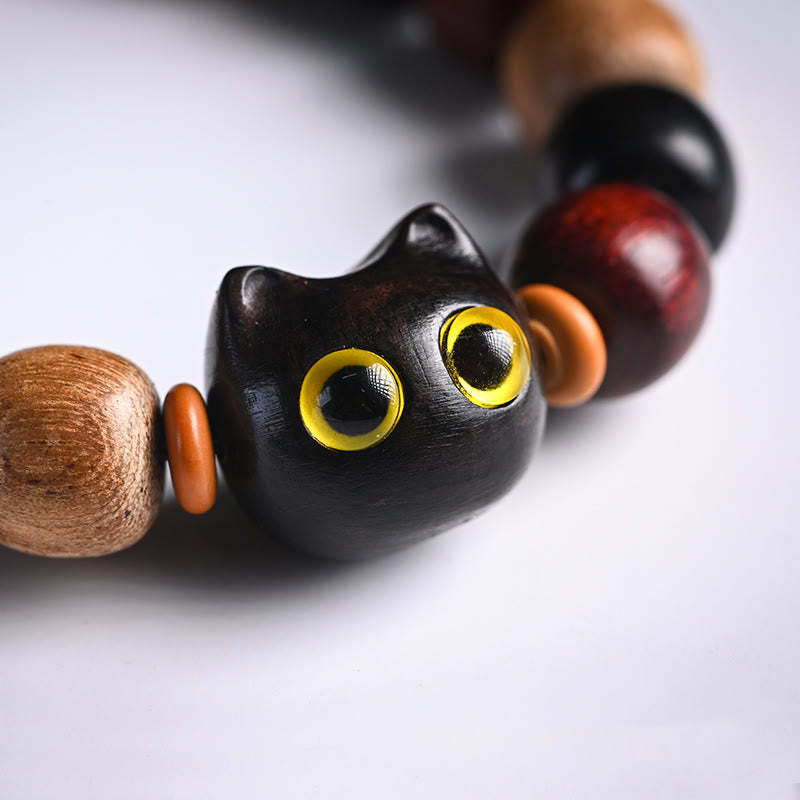 Small Leaf Red Sandalwood Ebony Wood Cute Cat Engraved Protection Bracelet