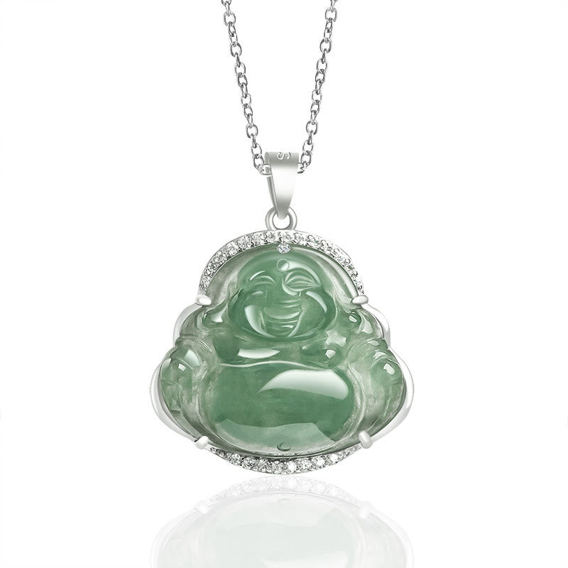925 Sterling Silver Laughing mystic zen Natural Jade Luck Prosperity Necklace Chain Pendant