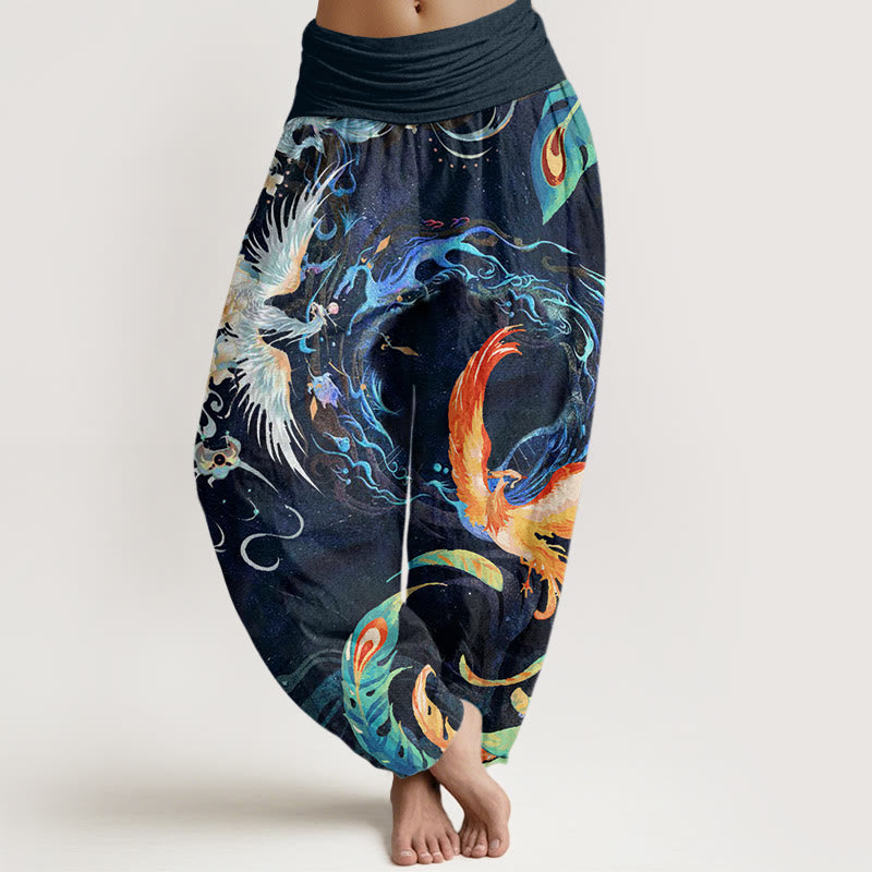 Phoenix Flower Pattern Women's Elastic Waist Harem Pants