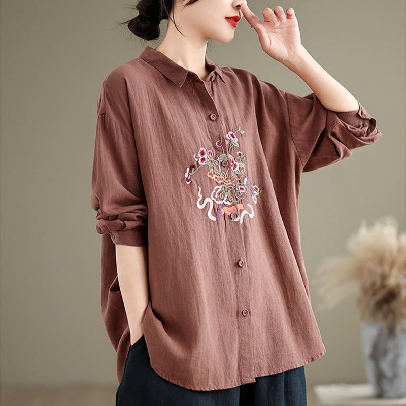 Flower Embroidery Long Sleeve Cotton Linen Women's Shirts