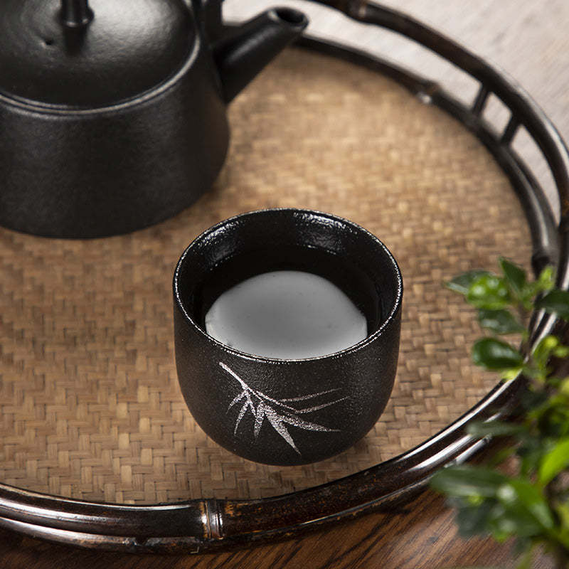 Hand Painted Lotus Flower Bamboo Chrysanthemum Black Pottery Ceramic Teacup Kung Fu Tea Cup 95ml